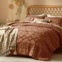 Tufted Boho King Size Comforter Set, 3 Pieces Burnt Orange Boho Bed Set, Farmhouse Shabby Chic Embroidery Bedding for All Seasons, Soft Jacquard King Bedding Set with Comforter  2 Pillow Shams