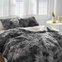 Luxury Faux Fur Shaggy Comforter Set Full/Queen Size, Plush & Sherpa Reversible Comforter Tie Dye Black, 3 Pieces Fluffy Fuzzy Bedding Set Ultra Soft and Warm for Winter (1 Comforter + 2 Pillowcases), Queen 86"x86"