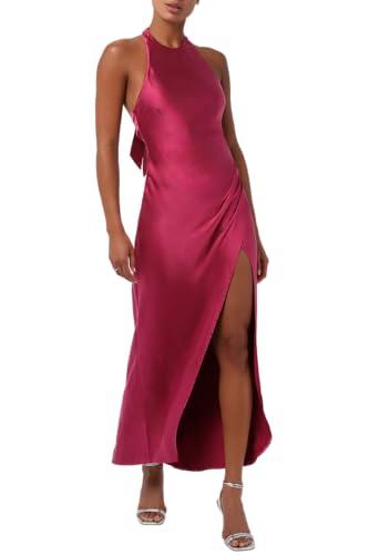 Lulus Margaret Halter Satin Maxi Dress for Women Formal Evening Wedding Guest Party Dress with Open Back and Side Slit Magenta. XS Size