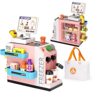 Jovow 48-Piece Pretend Play Cash Register Toy Set for Kids with Water Outlet Function - Calculator, Shopping Bag, Scanners, Coffee Machine, Play Food - Gift for Boys and Girls Ages 3+Pink