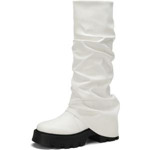 Fold Over Platform Boots for Women, Knee High Shark Boots Round Toe Pleated Slouchy Boot Shoes for Casual, Size 8