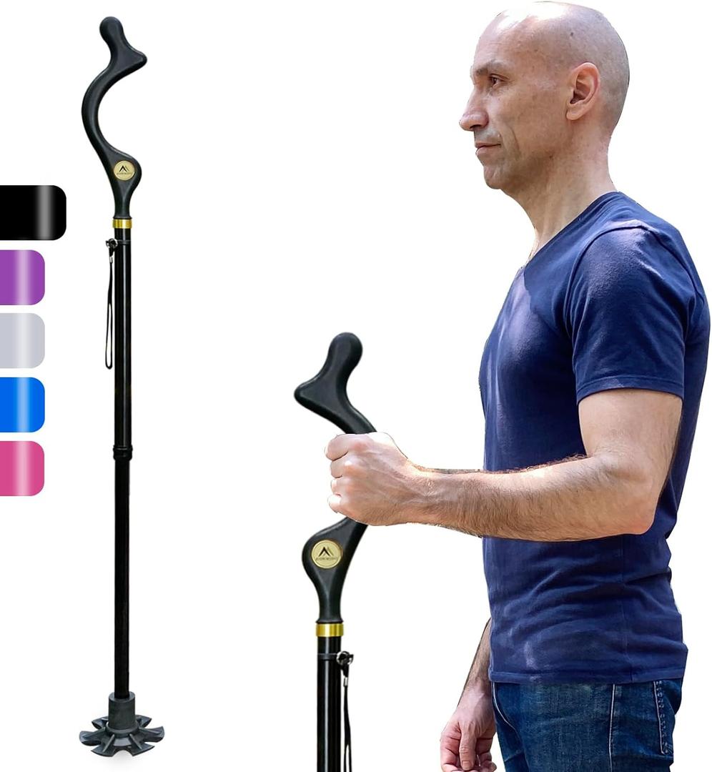 Walking Cane Foldable for Men & Women Seniors for Balance,Self Standing Folding Cane,Height Adjustable Anti-Slip Lightweight Alloy Walking Stick Collapsable for Travel Mobility Aid (Black)