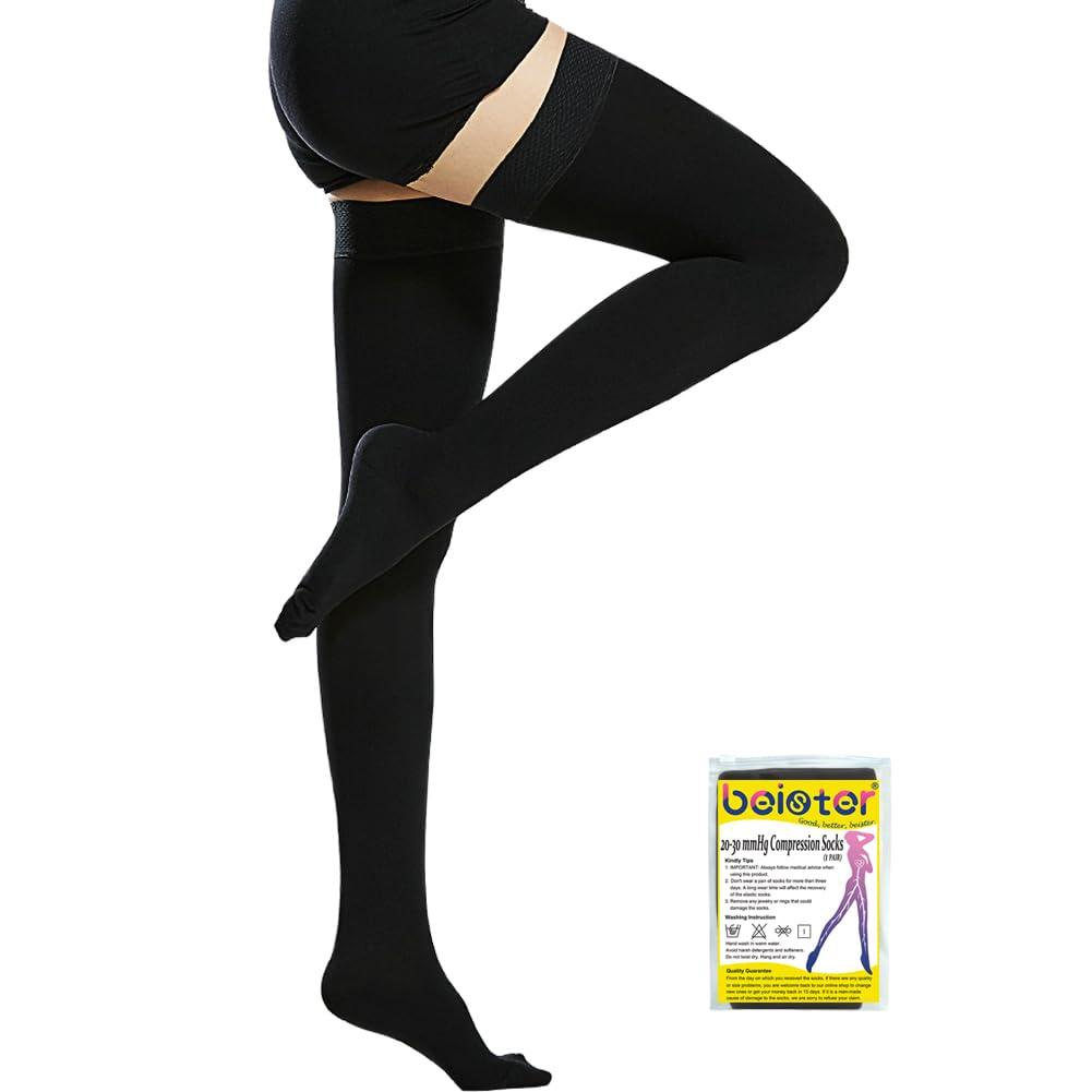 Beister 20-30 mmHg Compression Stockings for Women & Men, Medical Closed Toe Thigh High Socks Graduated Support for Varicose Veins, Edema, Flight Black (Large (1 Pair))