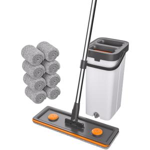 O-MART Mop & Bucket Set, Hands Free Flat Wet Dry Mop with Wringer, Separates Dirty & Clean Water, 360 Rotating, Microfiber Pads for Floor & Wall Cleaning(Mop and Bucket Set with 8 Pads)
