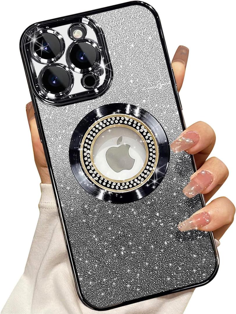 Misscase for iPhone 16 Pro Max Magnetic Glitter Case Compatible with MagSafe,Full Protection Slim Shockproof Anti-Scratch Case with Camera Lens Protector Logo View Dust-Proof Net for Women Black