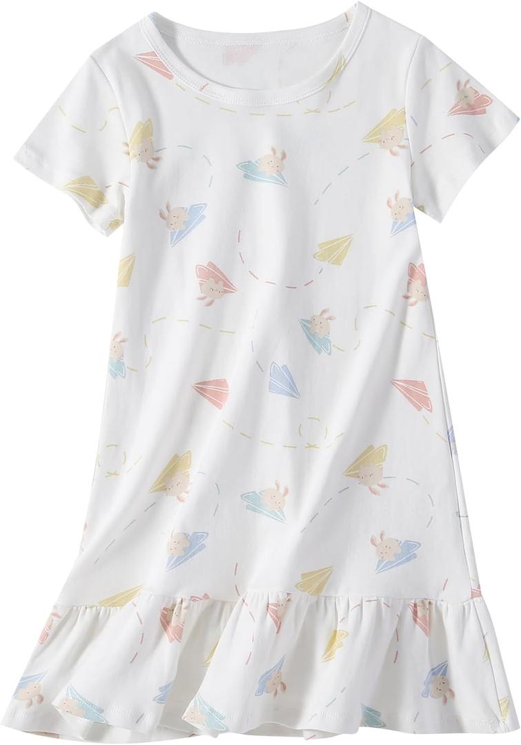 Girl's Cotton Nightgowns Short Sleeve Princess Sleep Shirts Comfy Nightdress Sleepwear (13-14 Years, Paper Airplane Rabbit)
