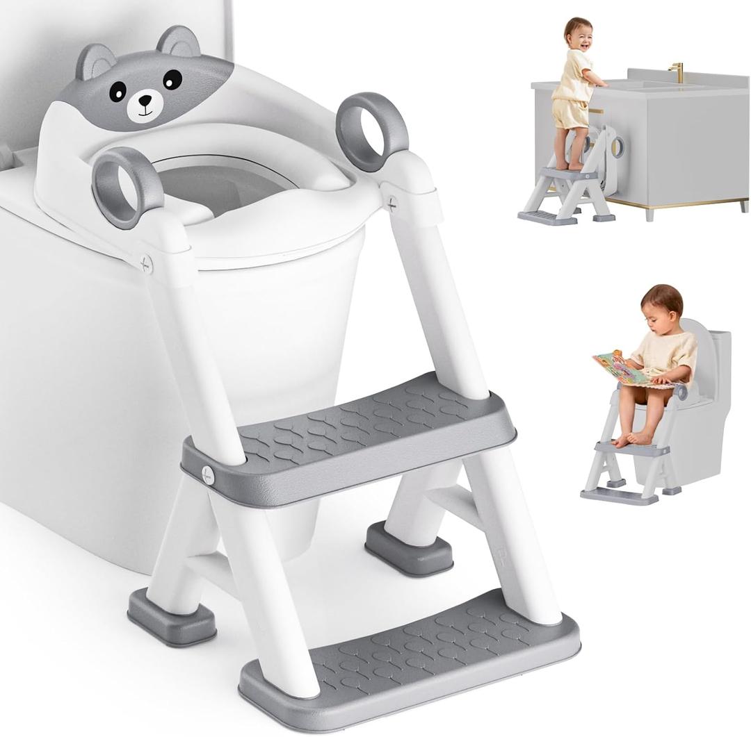 Potty Training Seat, Toddler Toilet Seat With Steps, 2 In 1 Toddler Potty Training Toilet With Splash Guard, Anti-Slip Step Stool Soft Mat, Adjust High Potty Seats For Toddlers Kids Boys Girls (Gray)