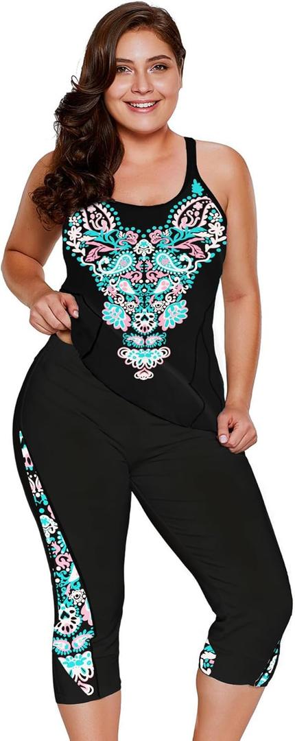 LALAGEN Womens Plus Size Swimsuits 2026 Modest Rash Guard Capris Tankini Bathing Suits Two Piece Bathing Suit Swimwear XL