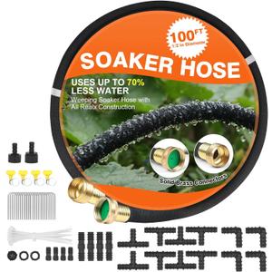 Soaker Hose 100 FT for Garden with 1/2" Diameter Irrigation Hose Save 70% of Water Solid Brass Interface Eminently Suitable for Lawn and Garden Bed Cover (Brass 100FT)