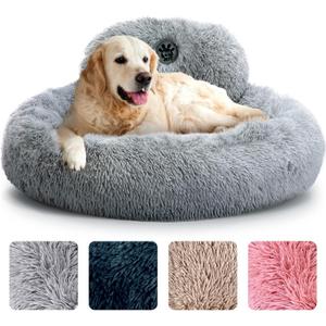 PetJett Calming Dog Beds Large Sized Dog - 36'' Round Bed, Anti-Slip & Washable Super Soft Donut Bed, Fluffy Faux Fur Anti-Anxiety Premium Comfort Pet Bed, Fits Dogs up to 100 lbs - Bright Grey