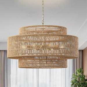 31.5"Large Boho Rattan Farmhouse Chandeliers for Dining Room,8-Light Rattan Hand-Woven Rustic Drum Chandelier Pendant Light Fixture for Kitchen Island Bedroom Living Room Entryway Foyer(Brown)