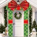 3Pcs Christmas Door Decorations Gift Box Porch Banners Xmas Gift Box Bowknot Door Hanging Banners Christmas Porch Signs Backdrop for Holiday Party Indoor Outdoor Home Wall Decor (Green Plaid)