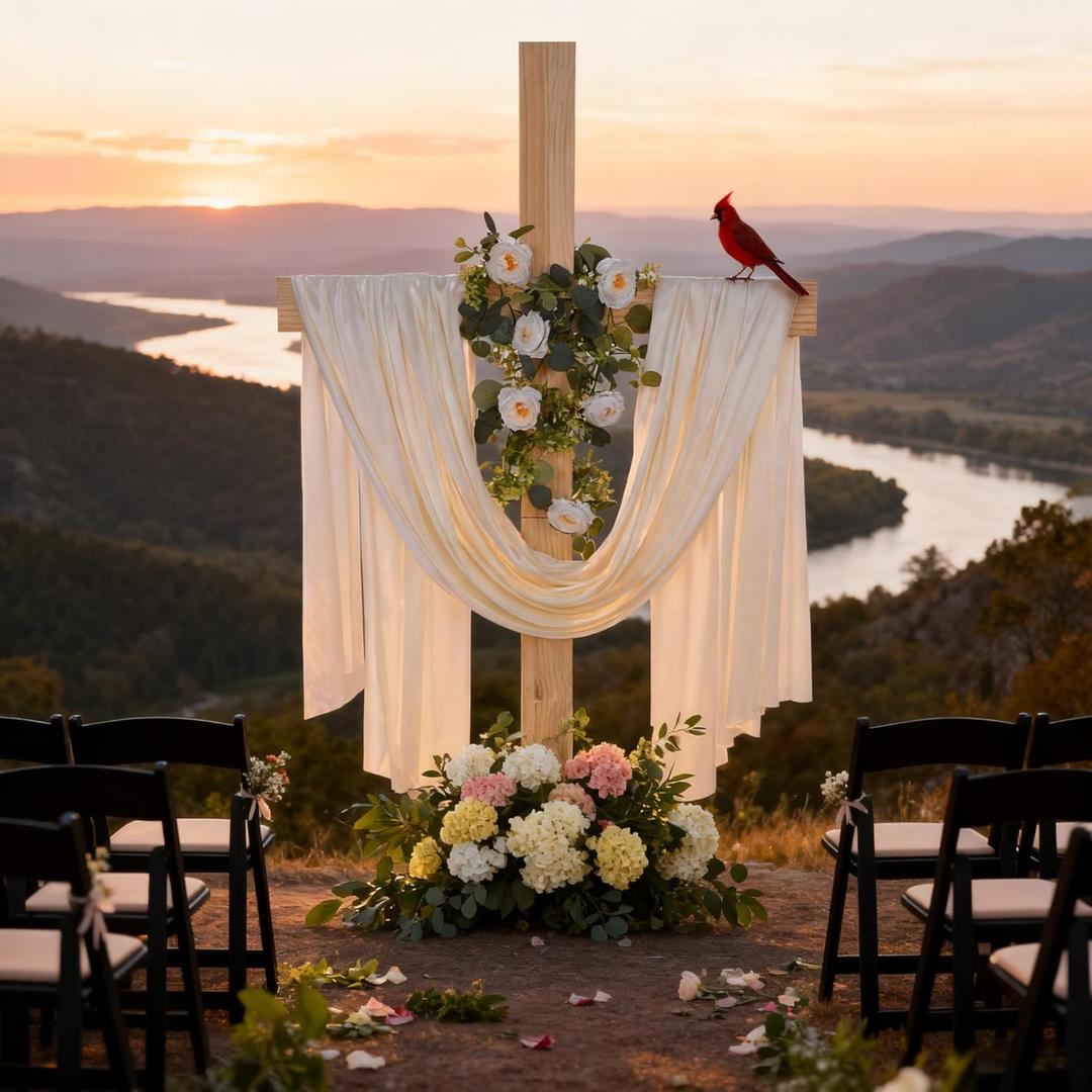 59 Inch Wedding Wood Cross and White Ribbons Eucalyptus Garlands Wedding Decorations Large Standing Cross Decoration Christian Religious Marriage Gifts for Ceremony and Reception Indoor Outdoor Decor