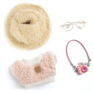 17cm Doll Clothes for Labubu, Kawaii 4-Piece 17cm Clothes Dolls Outfit Set with Accessories Pink Diamond Hat + Clear Glasses + Pink Camera + Pink Smily Shirt(Doll Not Included)
