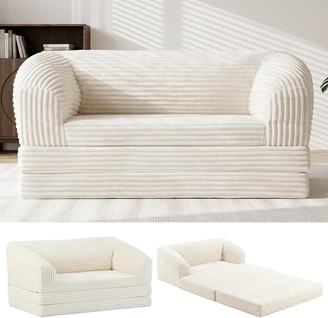 Convertible Sofa Bed, 3-in-1 Foldable Loveseat Couch with Armrest, Corduroy Floor Sofa & Sleeper Bed, No Assembly High-Density Foam Futon Mattress for Living Room, Small Apartment, Dorm
