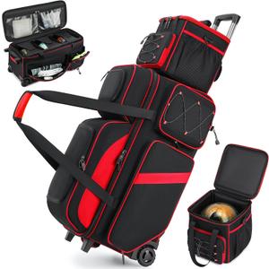 4 Ball Bowling Bag with Wheels, 3 Ball Bowling Bags Roller with 1 Ball Add On Bag, Multi-Pockets & Shoe Compartment (Fits Up to Size 16), Large