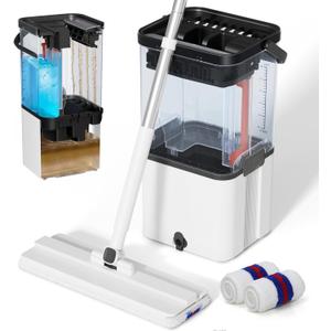 Mop and Bucket Set,Midyb Flat Mops and Bucket System with 2 Microfiber Pads,Mop and Bucket with Wringer Set,Automatic Separates Dirty and Clean Water,Wet and Dry Use Mops for Floor Cleaning