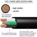 100ft 12/3 12 Gauge SOOW Wire 12 AWG SOOW Portable Power Cable 600V 3 Conductor 12/3 12 Gauge Extension Cord Electric Wire for Motor Lead,Generator,Welder,NEMA 14-20 RV Outlet Box,Car Battery Charger