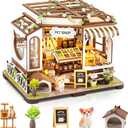 DIY Miniature House Kit,Tiny House Pet Shop with Furniture & LED,DIY Dollhouse Miniature Kit for Adults Teen,Mini House Building kit,3D Wooden Craft Mini Model Kit,Birthday Gifts Home Decor