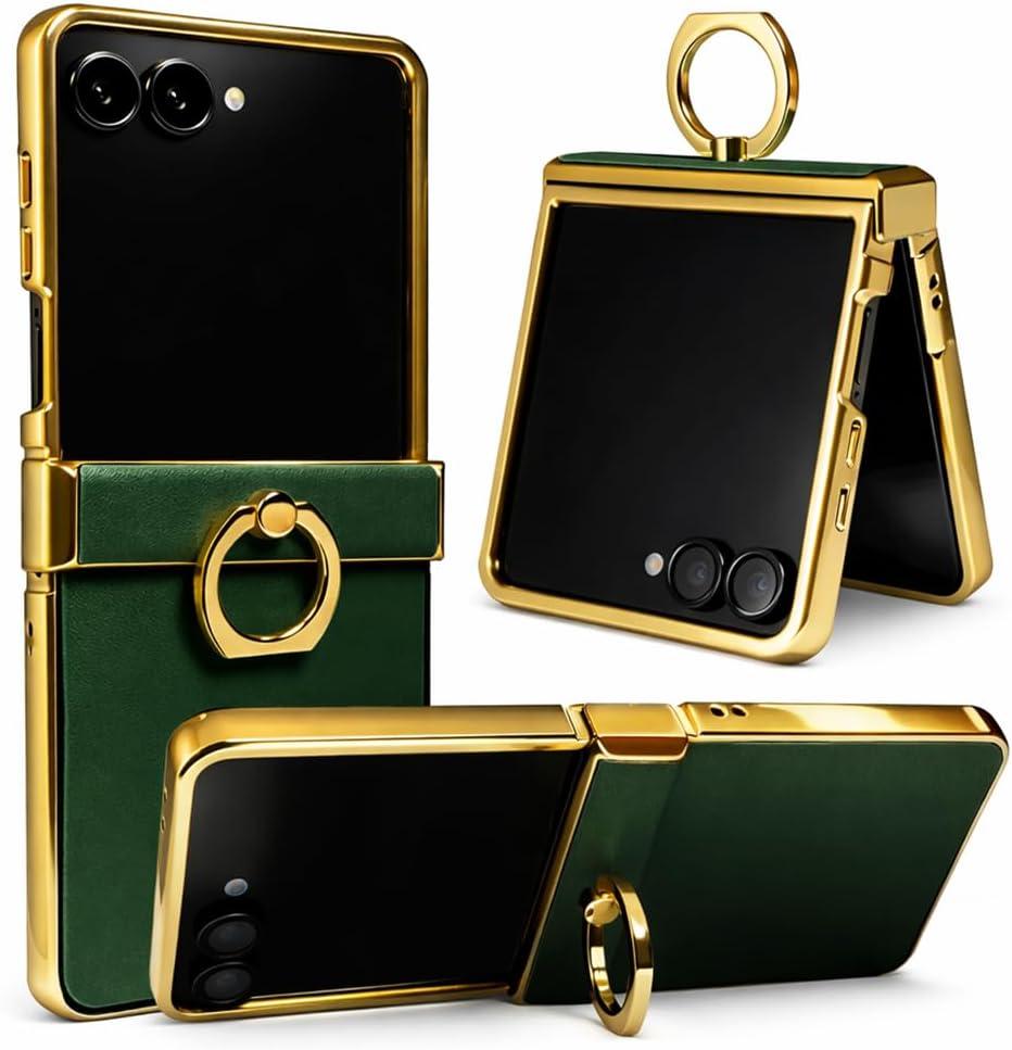 Genuine Leather Case for Samsung Galaxy Z Flip, Military-Grade Drop Protection, Hinge Protection Cover with Ring Kickstand, Gold Trim (Green, Z Flip7)