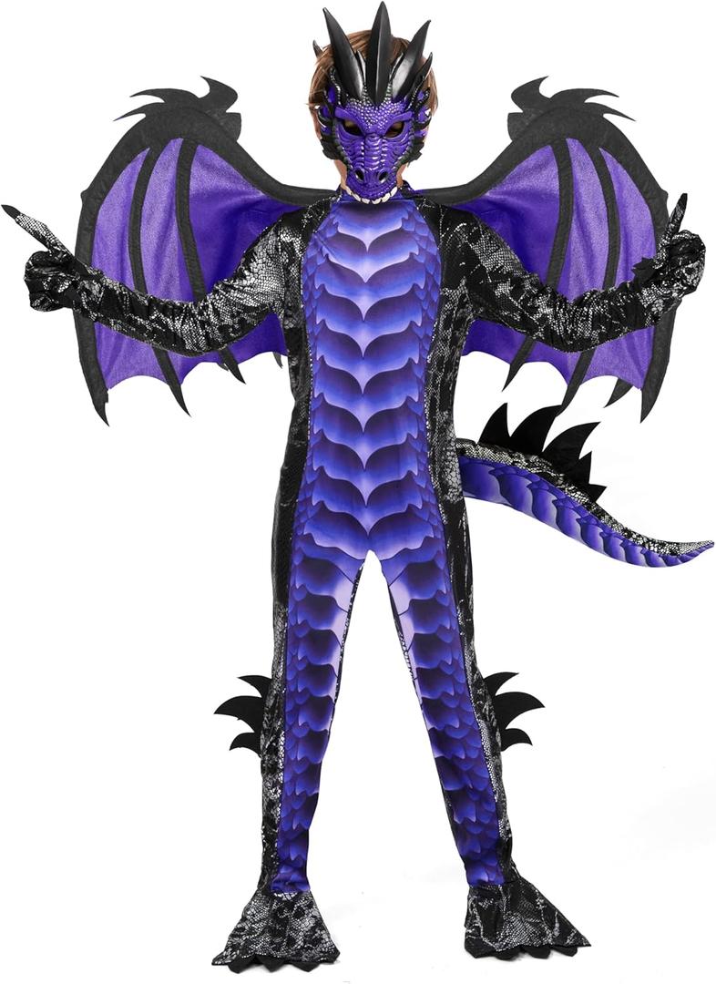 Spooktacular Creations Halloween Kid Dragon Costume, Boys Dragon Wings, Tail and Mask Set for Halloween Dress Up (X-Large(12-14 yrs), Purple)