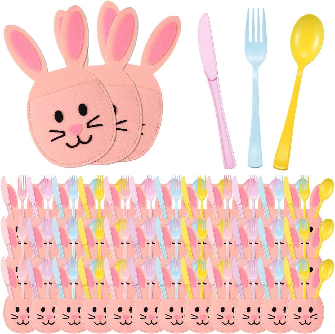 2 x 160 Pcs Pastel Plastic Silverware Rabbit Party Supplies Plastic Disposable Dinnerware with 40 Rabbit Cutlery Bags 40 Spoons 40 Forks 40 Knives for Spring Celebrations Picnic Utensils