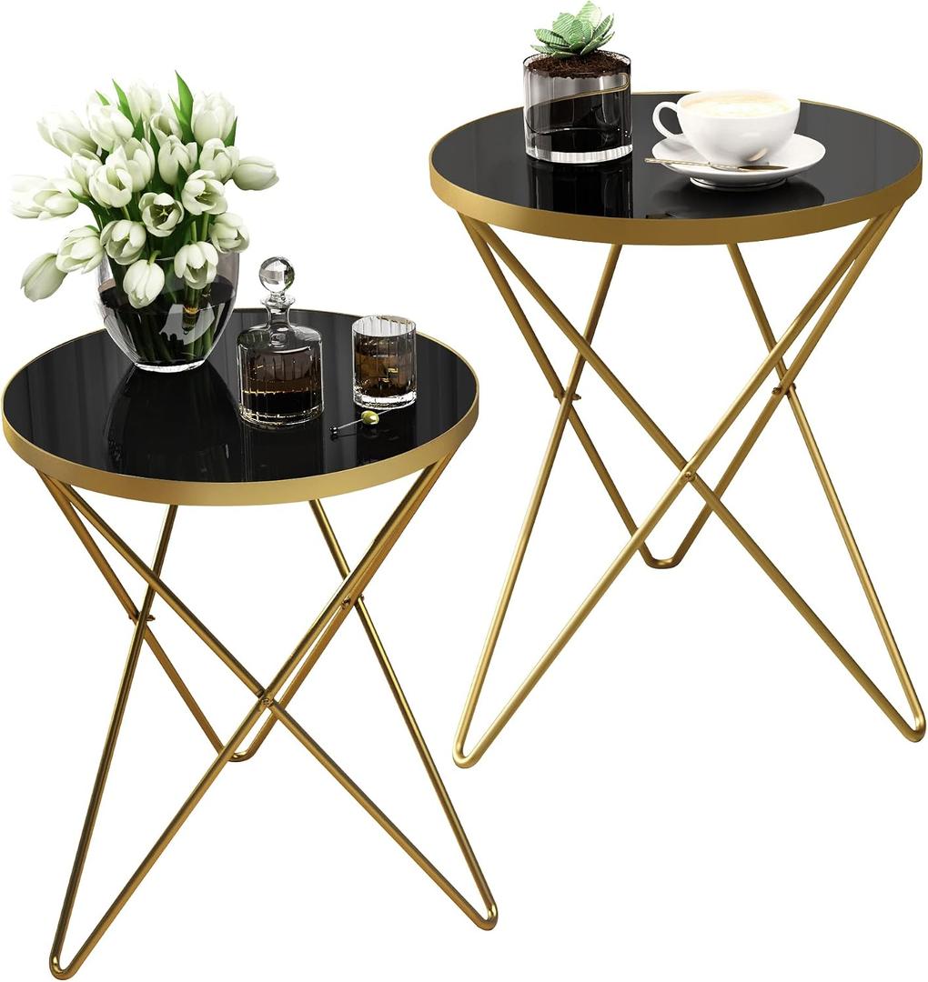 HLR Modern Round Side Table Set of 2, End Table with Marble Effect Top and Gold Metal Frame, Small Side Table for Living Room, Bedroom, Sofa and Couch, Gold Legs, Black Glass top, 2-pack