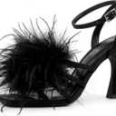 BCTEX COLL Women's Heeled Sandals Fluffy Feather Square Open Toe Ankle Strap Sexy Stiletto High Heels for Wedding Party Dance Evening (8.5, Black)