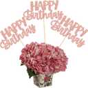 Gyufise 12Pcs Happy Birthday Centerpieces Sticks Double Sided Glitter Birthday Party Decorations Anniversary Table Flower Centerpiece for Celebrating Party Supplies Rose Gold