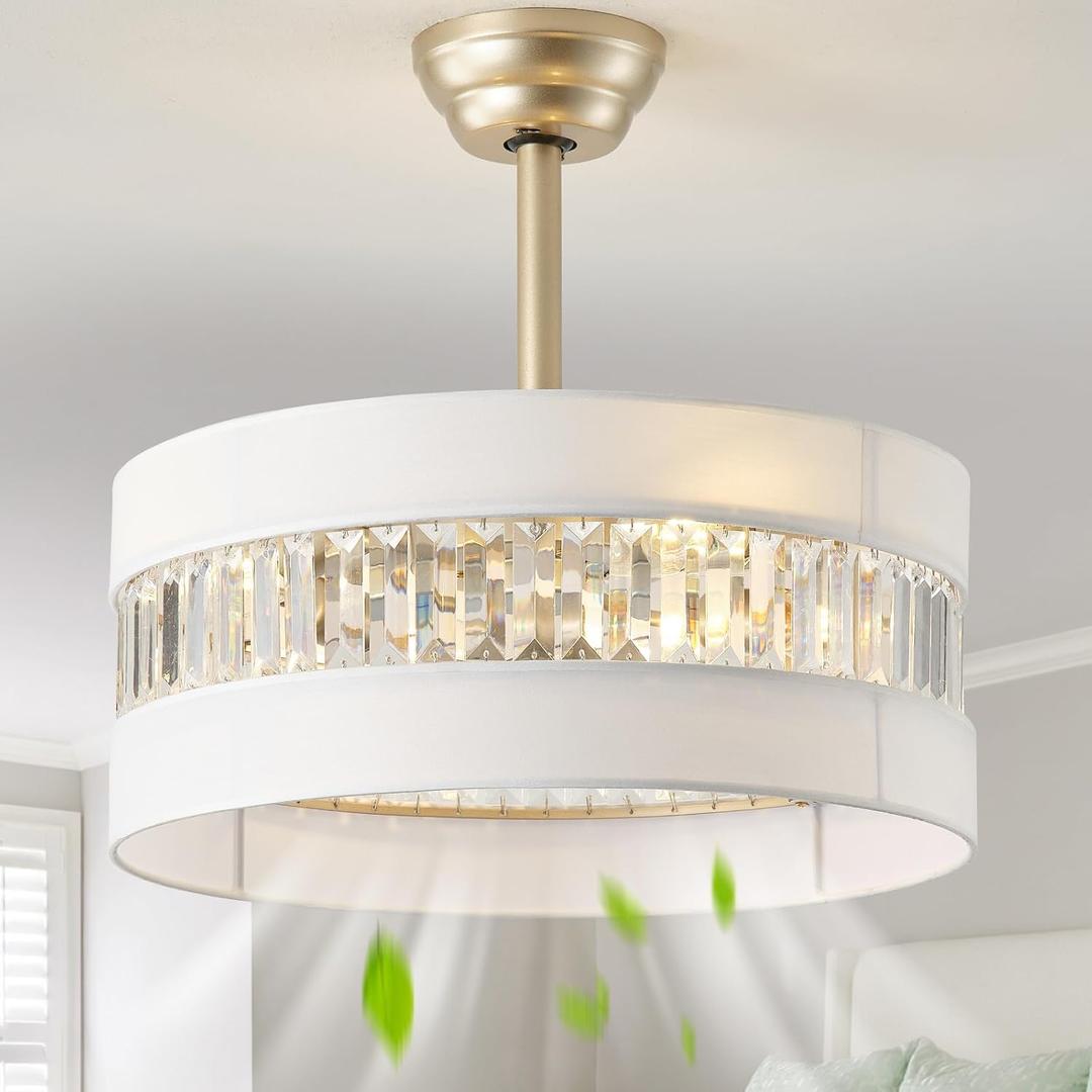 20" Gold Fandelier Ceiling Fan with Lights, Mid Century Gold Caged Ceiling Fans with Lights and Remote, Crystal with 6 Speeds for Bedroom, Living Room, Kitchen