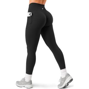 Sogetdo Leggings with Pockets for Women High Waistd No Front Seam Buttery Soft Stretchy Workout Running Gym Yoga Pants S805-Black-L