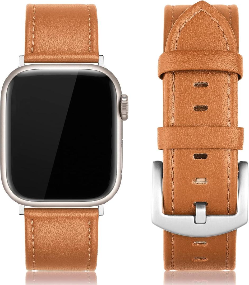 EDIMENS Leather Bands Compatible with Apple Watch 49mm 45mm 42mm 44mm Band Men Women, Vintage Genuine Leather Wristband Replacement Band Compatible for Apple Watch iwatch Series 9 8 7 6 5 4 3 2 1 SE2 (Gold Brown)