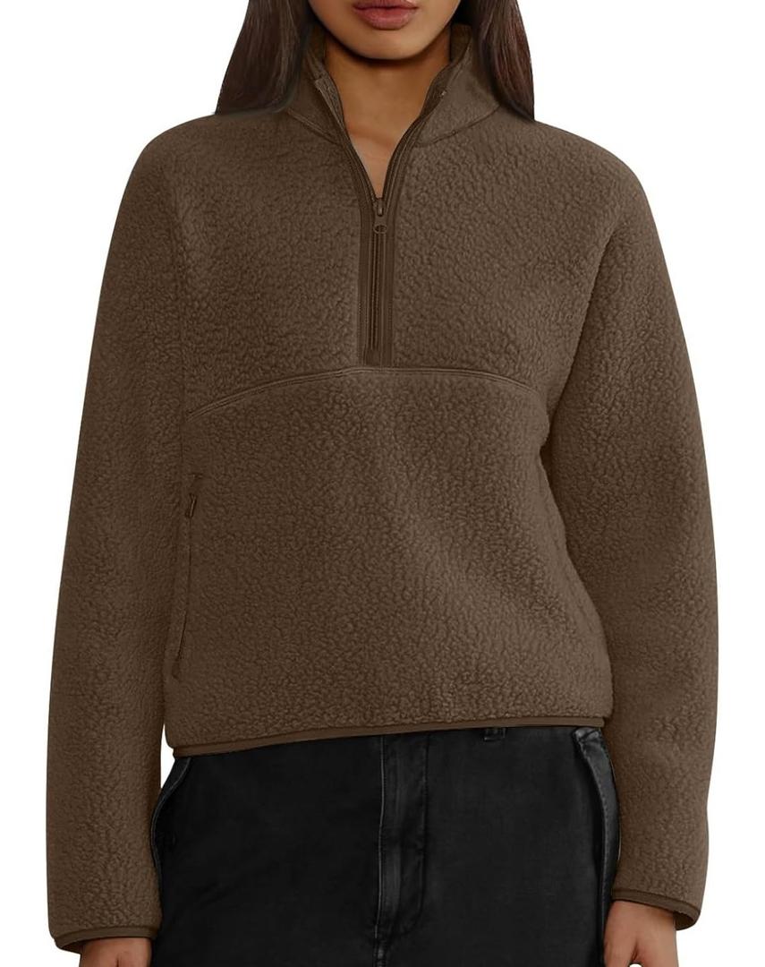Jacket Women Stand Collar Quarter Zip Pullover Trendy Fleece Cropped Jacket Long Sleeve Sweatshirt with Pockets