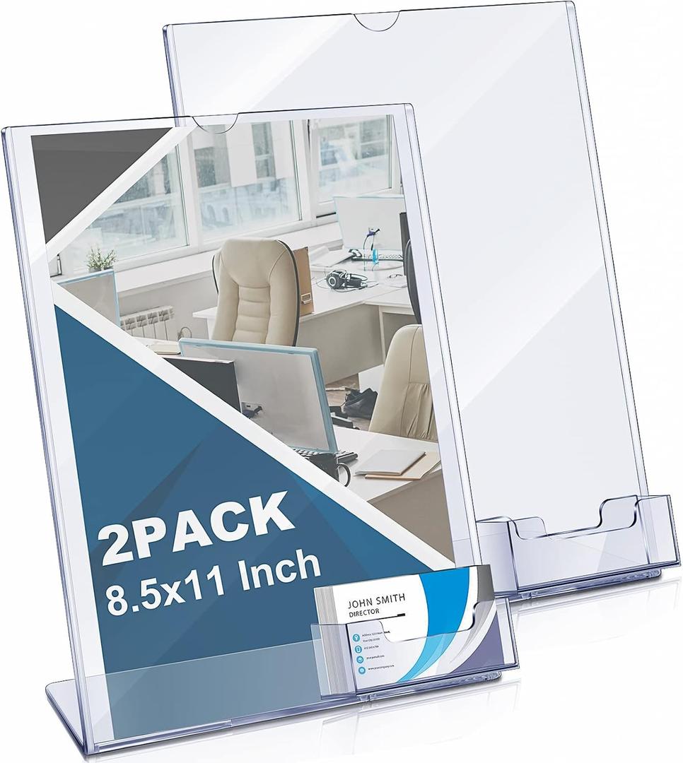 Vicenpal Acrylic Sign Holder with Business Card Holder, 8.5 x 11 Clear Brochure Display Stand Flyer Stand with Business Card Pocket for Magazine Pamphlet Booklets Menu Desktop(2 Pcs)