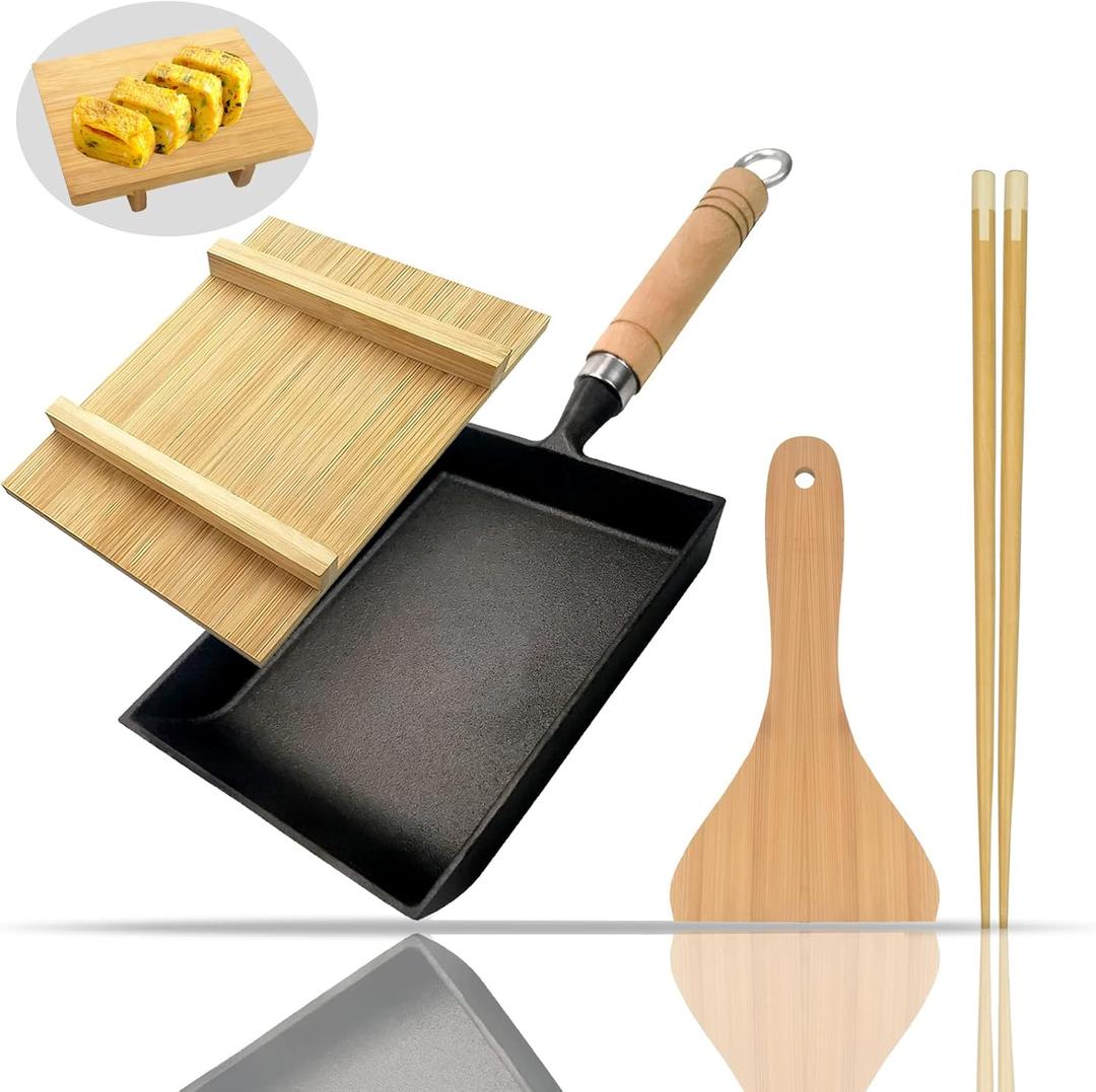 Tamagoyaki Japanese Omelette Pan Cast Iron with Wooden Lid, Square Japanese Egg Pan, Rectangle Tamago Pan with Spatula & Chopsticks 7 x 6 (Black)