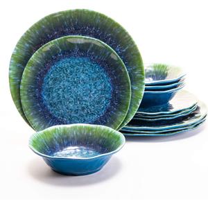 Melamine Dinnerware Set 12 PCS Teal Turquoise Tableware Plates Bowls Blue Green Dishwasher Safe Not Microware Not Oven
