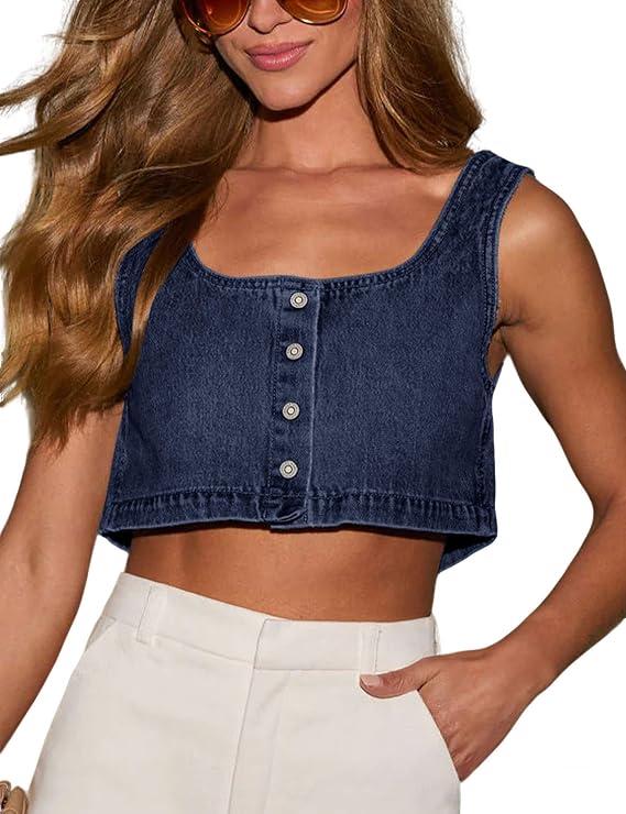 Women Tank Tops Button Denim Crop Blouses Sleeveless Cami Shirts, Size S