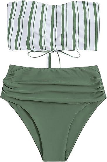 SweatyRocks Women's Bathing Suits Striped Bandeau Bikini high Waisted Swimsuits Swimwear Set Medium