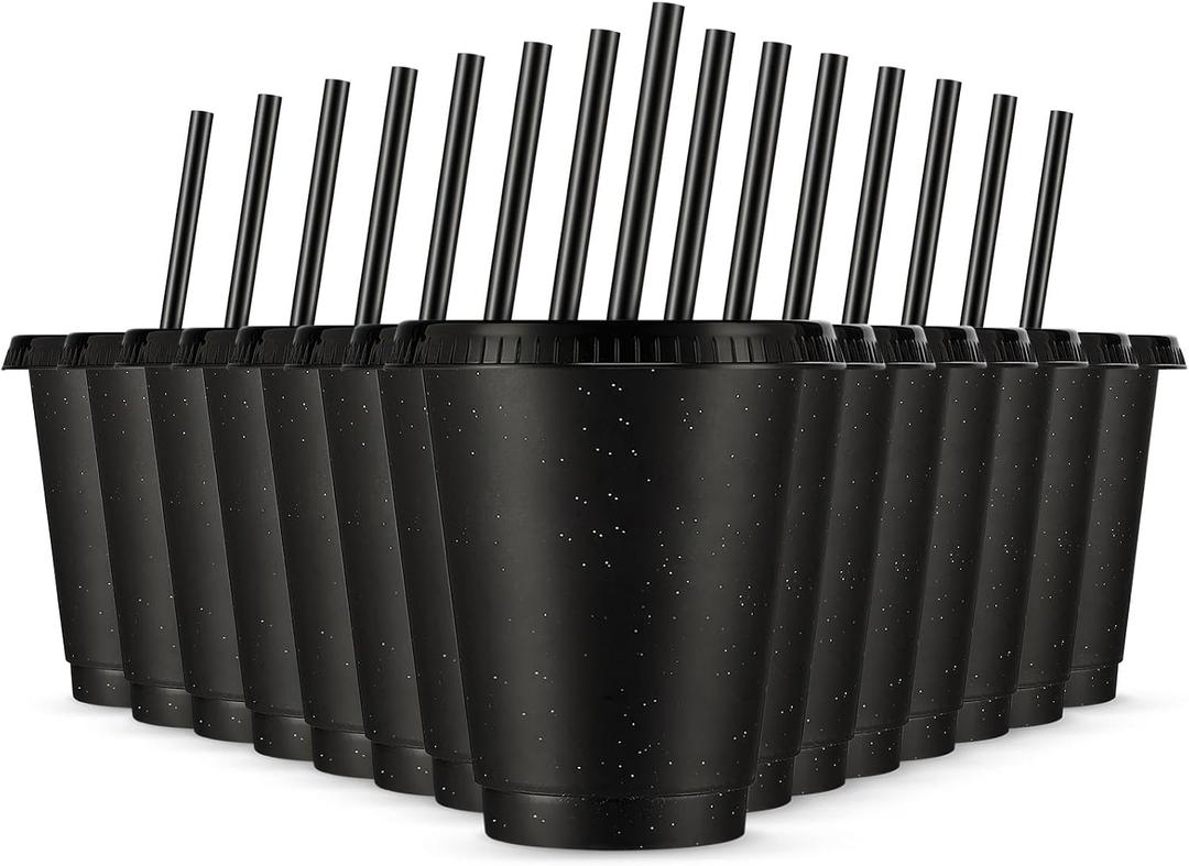 Rtteri 15 Pcs Reusable Cups with Straws and Lids 16 oz Glitter Tumblers Plastic Party Favor Cups with Lids Travel Mug Tumbler for Easter Graduation Party Iced Beverage Water(Black)