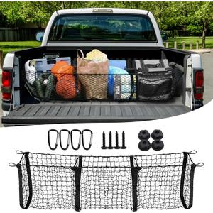 Cargo Net for Car, Expandable 3 Pocket Heavy-Duty Cargo Net Organizer, Black Mesh Storage Pocket with 4 Metal Carabiners Universal for Car, SUV, Pickup Truck, Van Trunk Bed- 47.2 x 11.8