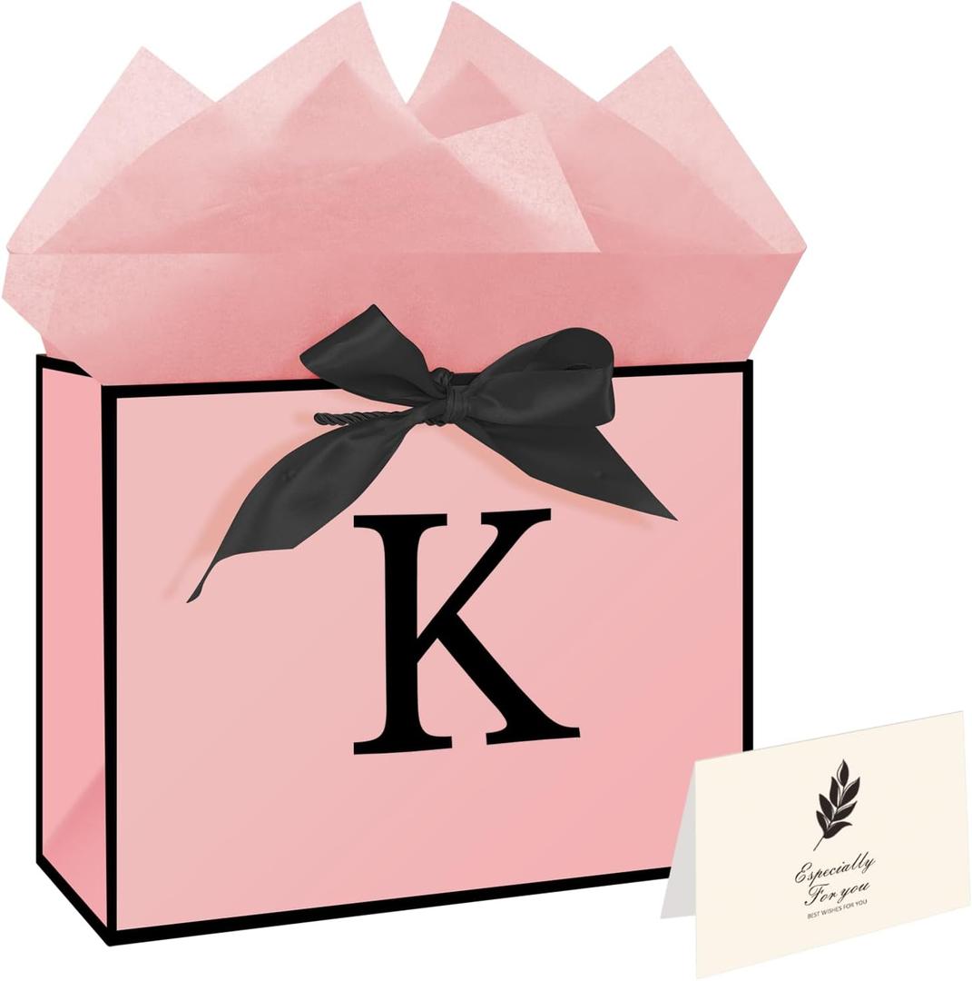 2 x Eaureum Personalized Initial K Gift Bags for Girls Women, 13" Pink Initial K Gift Bags for Birthday Wedding Holidays Party Decorations for Her Girls Women Daughter Granddaughter Friends Wife