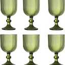 Green Vintage Wine Glasses Set of 6, 11 Ounces Colored Glass Water Goblets, Unique Embossed Pattern High Clear Stemmed Glassware Wedding Party Bar Glass Drinking Cups Fancy Glasses Vertical Line