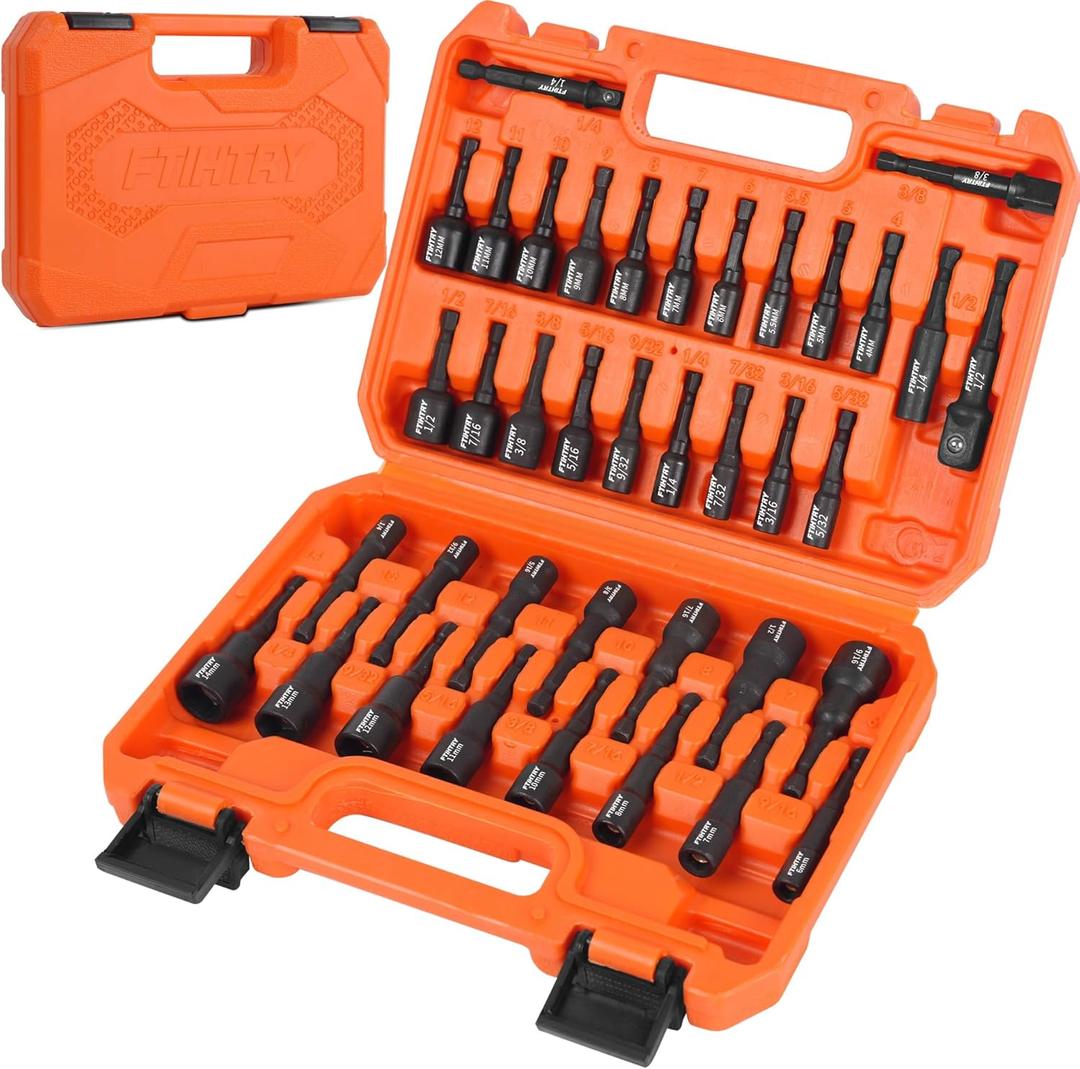 39Pcs Magnetic Nut Driver Set for Impact Drill, Metric & SAE Magnetic Impact Drill Driver Bit, 1/4" Hex Shank, Fully Magnetic Hex Nut Driver Drill Bit Master Kit, Black
