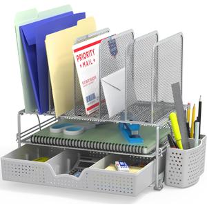 Simple Houseware Mesh Desk Organizer with Sliding Drawer, Double Tray and 5 Upright Sections, Silver