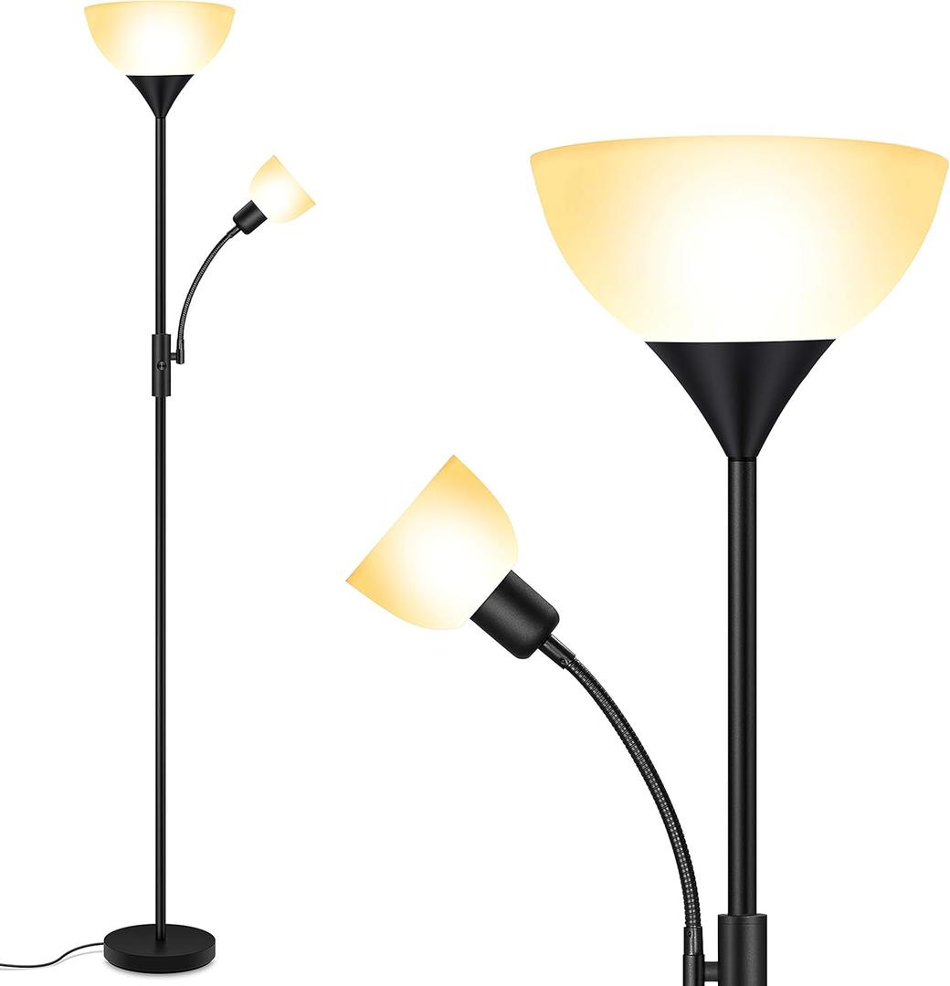 Floor Lamp, Standing Lamp, Torchiere Floor Lamp with Adjustable Reading Lamp, 71" Tall Pole Lamps, 3 Way Switch, Plastic Lampshade, Corner Floor Lamps for Living Room, Bedroom(E26 Base, No Bulb)-Black