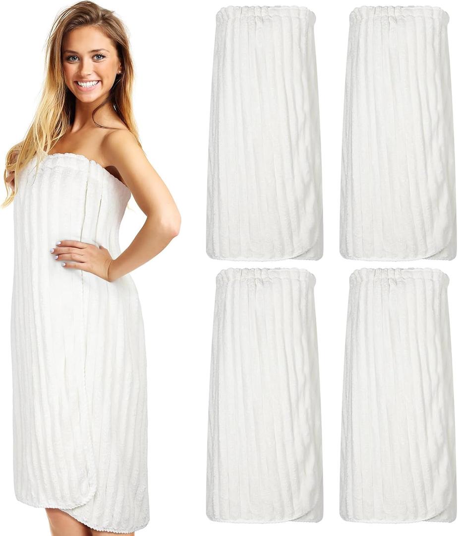 Tigeen 4 Pcs Spa Wrap Towel Wrap for Women Spa Robe with Adjustable Closure Elastic Top Lightweight Cover for Bath Shower(White,Vertical Stripe)