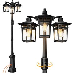 Motion Sensor Outdoor Lamp Post Light Fixture with GFCI Outlet,3-Head Dusk to Dawn Outdoor light post with bubble Glass,Aluminum Waterproof Light Poles Outdoor Lighting for Outside yard Garden Pathway