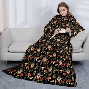 Mushroom Wearable Blanket Boho Hand Exotic Eye Hippie Daisy Warm Fleece Blanket for Teens Adults Wild Outdoor Plants Western Jungle Style Soft Flannel Blanket with Sleeves Pockets,70" x 50"