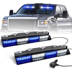 HLauto 6Z4J Emergency Dash Strobe Lights: 2x16.8 inch Blue White Safety Lights, 48 LED Flashing Warning Hazard Interior Windshield Visor Traffic Light Bar for Trucks, Construction Vehicles