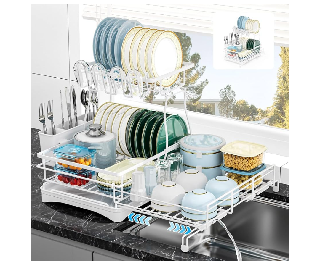 7 code Large Dish Drying Rack, 2Tier Dish Racks for Kitchen Counter, Detachable Large Capacity Dish Drainer Organizer with Utensil Holder, Dish Drying Rack with Drain Board, White